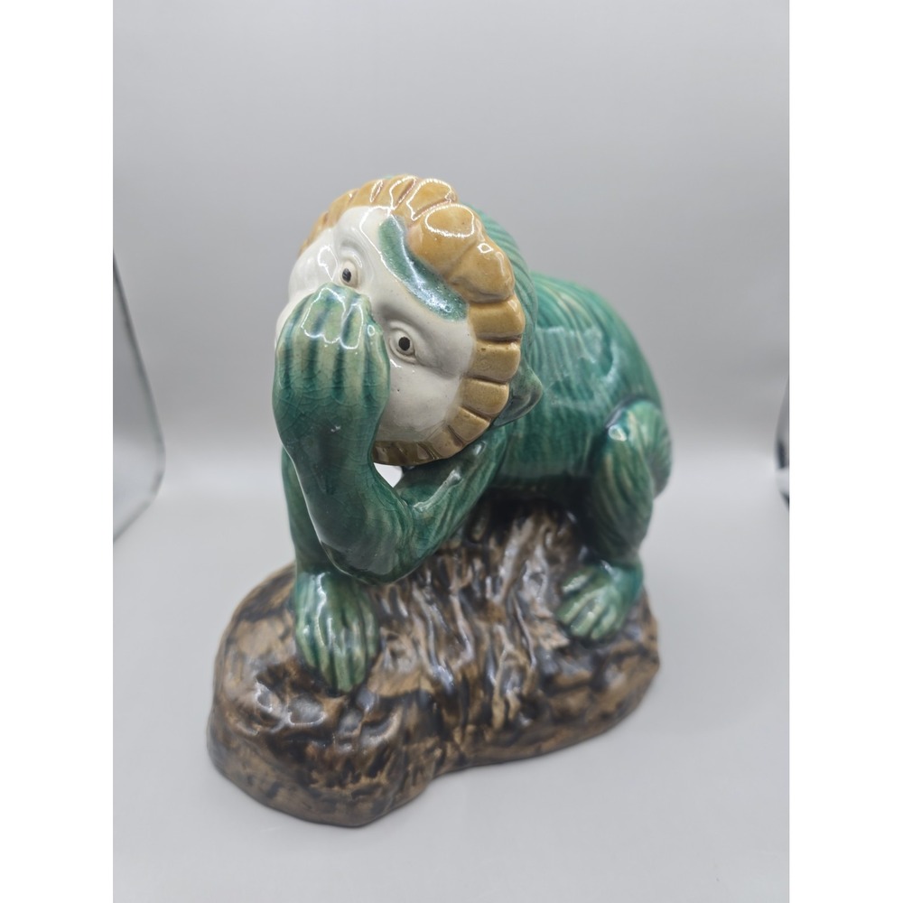 Vintage Majolica Monkey MCM Glazed Ceramic Capuchin Wise Speak No Evil Figure